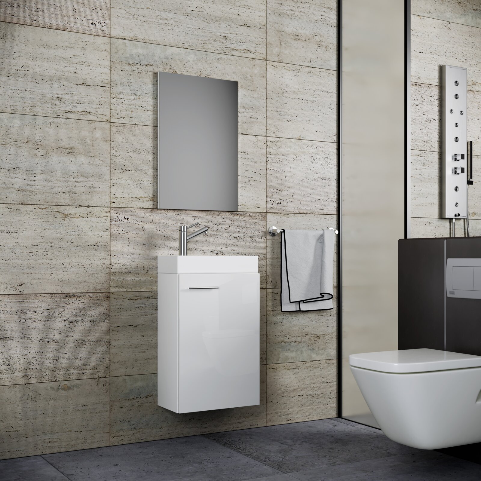 VCM 3-tlg. Gäste-Waschplatz SLITO Modernes Badezimmer mit wandhängendem weißem Waschtischunterschrank und Aufsatzwaschbecken, verchromter Armatur und rechteckigem Spiegel an beiger Steinfliesenwand; seitliche Frontansicht aus leicht schräger Perspektive.