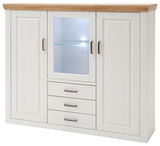 Weißes Highboard mit Holzoberfläche, zwei Türen, drei Schubladen und beleuchtetem Glaseinsatz in der Mitte, frontale Ansicht