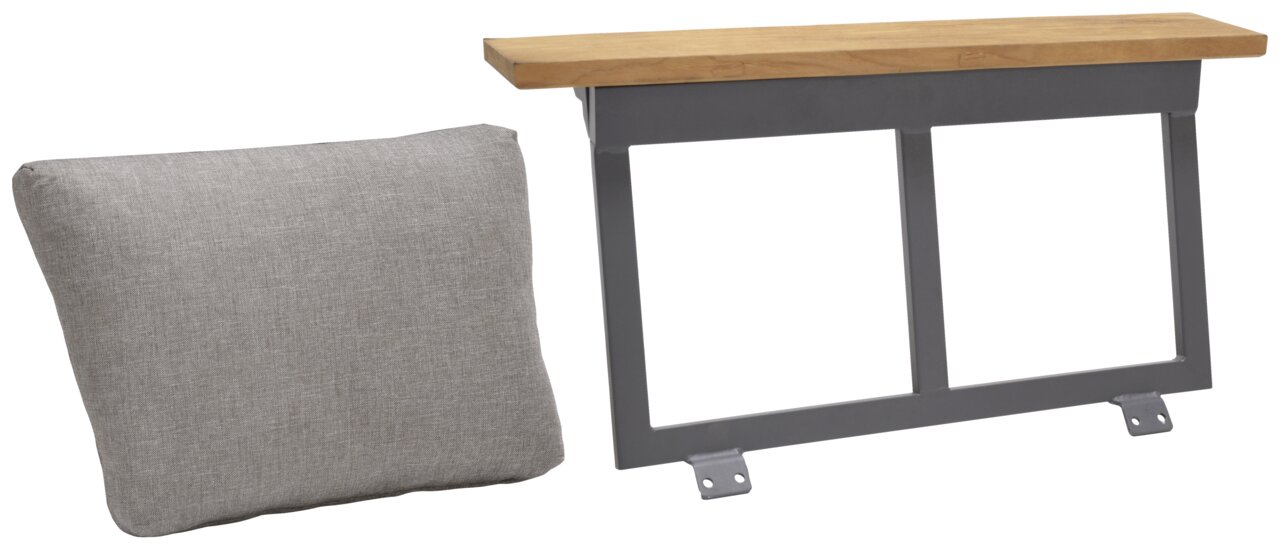 Amatio Eck-Rückenlehne JIMMY Eck-Rückenlehne mit grauem Metallrahmen und Holzoberfläche, daneben ein graues Kissen. Perspektive: Frontalansicht.