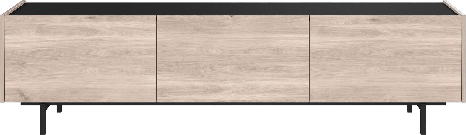 TV-Lowboard aus hellem Holz mit drei Türen und schwarzen Metallbeinen, Frontalansicht