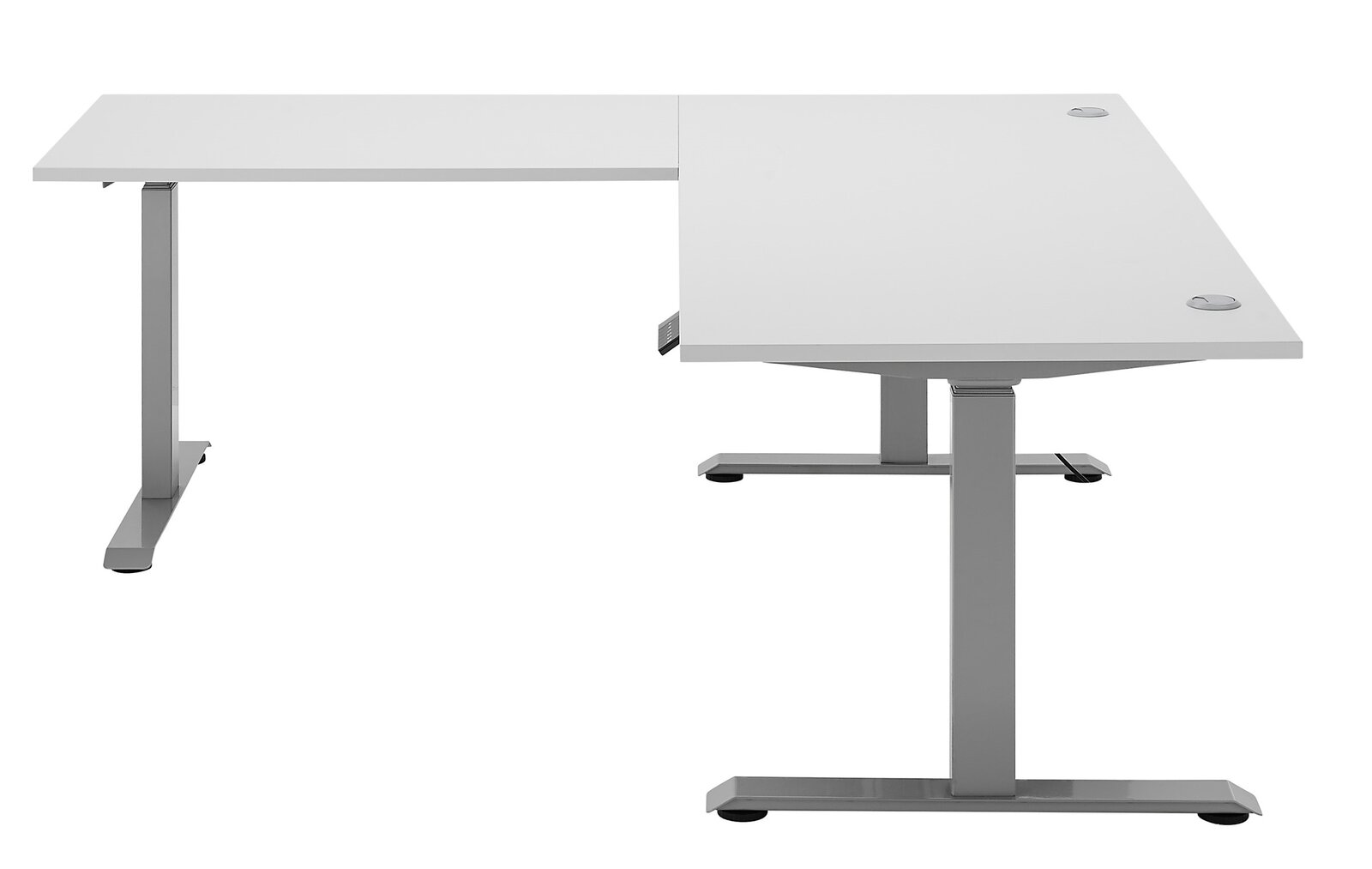 Moderner weißer E-Eckschreibtisch mit Metallbeinen, seitliche Perspektive