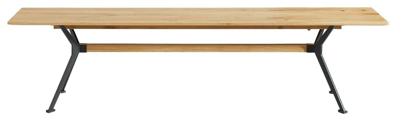 Holz-Sitzbank mit Metallbeinen, seitliche Perspektive