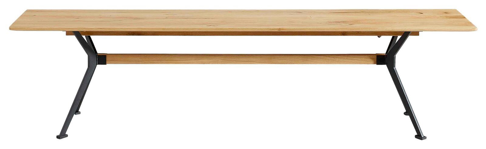 Holz-Sitzbank mit Metallbeinen, seitliche Perspektive