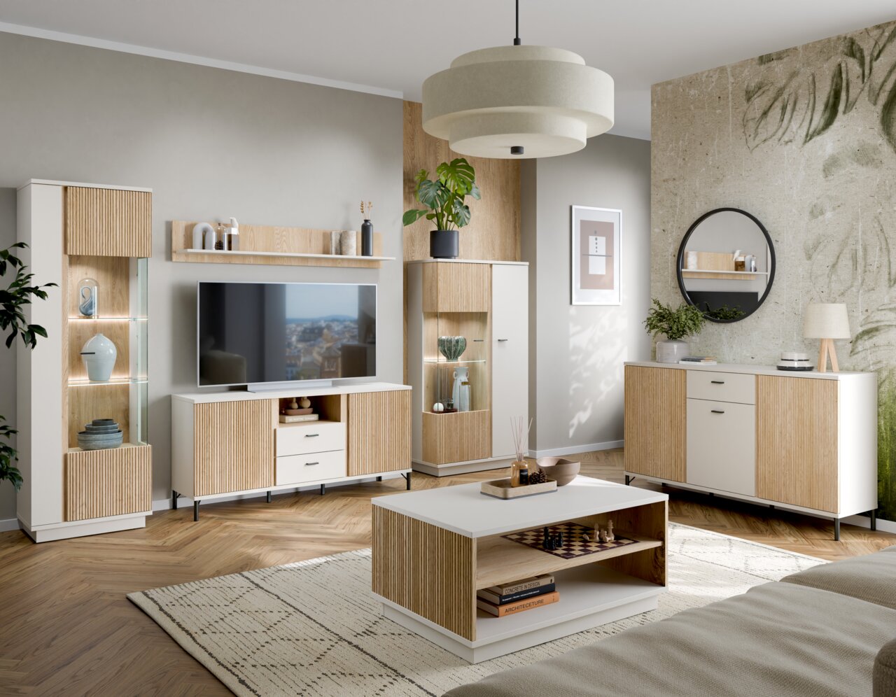 Z2 Tv-kast MOSANO Een modern tv-lowboard in een stijlvolle woonkamer, gezien vanaf de voorkant, met accenten in hout en wit, omringd door bijpassende meubels en decoraties.
