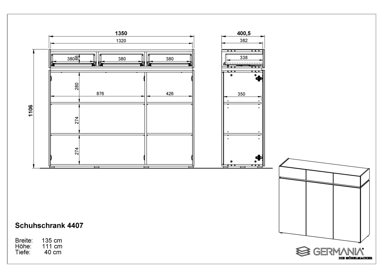 Technische Zeichnung eines Schuhschranks mit den Maßen Breite: 135 cm, Höhe: 111 cm, Tiefe: 40 cm. Frontansicht, Seitenansicht und perspektivische Darstellung enthalten.