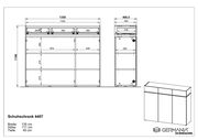Technische Zeichnung eines Schuhschranks mit den Maßen Breite: 135 cm, Höhe: 111 cm, Tiefe: 40 cm. Frontansicht, Seitenansicht und perspektivische Darstellung enthalten.