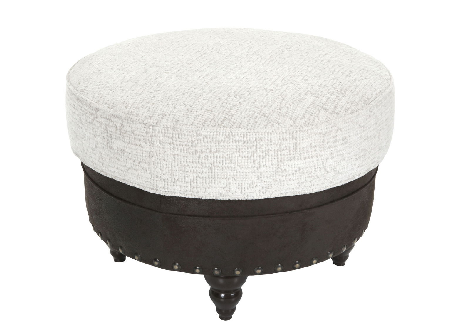 Landscape Hocker Runder Hocker mit hellem Stoffbezug und dunklem Holzsockel, seitliche Perspektive