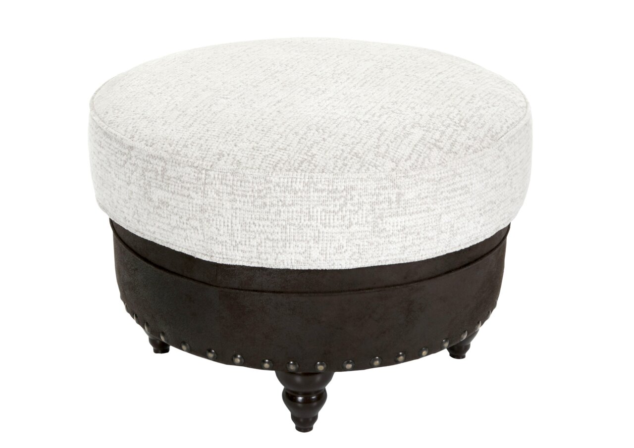 Landscape Hocker Runder Hocker mit hellem Stoffbezug und dunklem Holzsockel, seitliche Perspektive