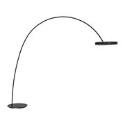Moderne LED-Bogenleuchte in seitlicher Perspektive mit elegantem, gebogenem Design und flachem, rundem Lampenschirm.