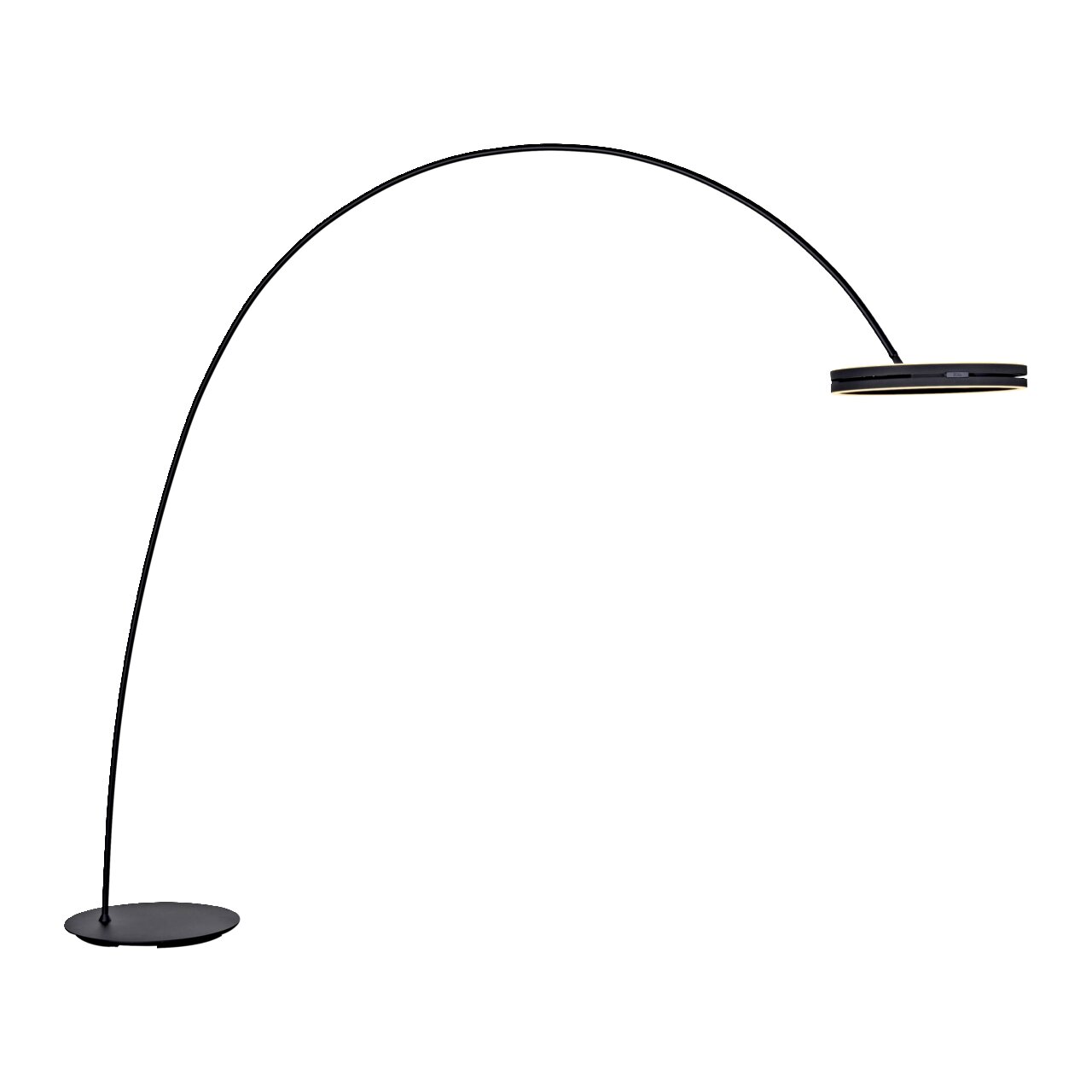Moderne LED-Bogenleuchte in seitlicher Perspektive mit elegantem, gebogenem Design und flachem, rundem Lampenschirm.
