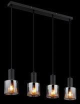 Moderne Hängeleuchte mit vier schwarzen Pendeln und transparenten Glasschirmen, seitliche Perspektive