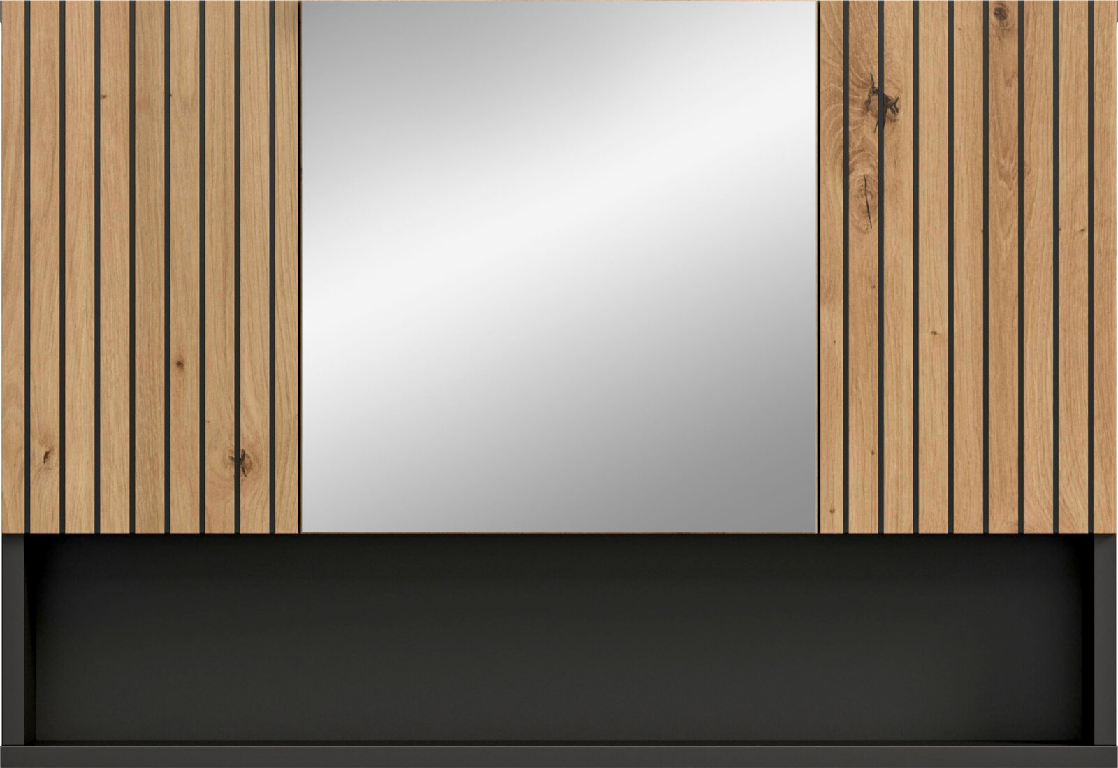 Modernes Sideboard/Schrank mit mittiger grauer Front, seitlichen vertikalen Holzlamellen und schwarzem Korpus, frontal von vorne fotografiert.