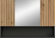 Modernes Sideboard/Schrank mit mittiger grauer Front, seitlichen vertikalen Holzlamellen und schwarzem Korpus, frontal von vorne fotografiert.