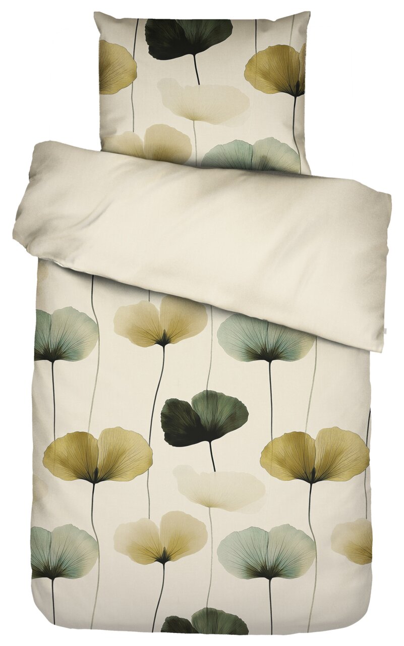 Essenza Home Bettwäsche KATI Bettwäsche-Set mit floralem Muster in Grün- und Gelbtönen auf hellem Hintergrund, Draufsicht von oben mit teilweise umgeschlagener Decke und sichtbarem Kissen