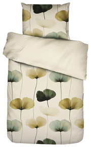 Bettwäsche-Set mit floralem Muster in Grün- und Gelbtönen auf hellem Hintergrund, Draufsicht von oben mit teilweise umgeschlagener Decke und sichtbarem Kissen