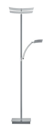 Moderne Stehleuchte ANDY in silberner Farbe mit zwei Leuchtarmen, frontal abgebildet.