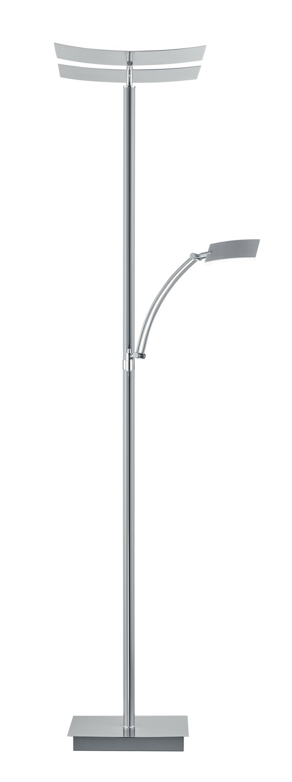 Moderne Stehleuchte ANDY in silberner Farbe mit zwei Leuchtarmen, frontal abgebildet.