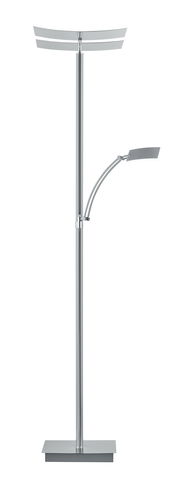 Moderne Stehleuchte ANDY in silberner Farbe mit zwei Leuchtarmen, frontal abgebildet.