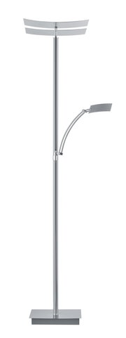 Moderne Stehleuchte ANDY in silberner Farbe mit zwei Leuchtarmen, frontal abgebildet.