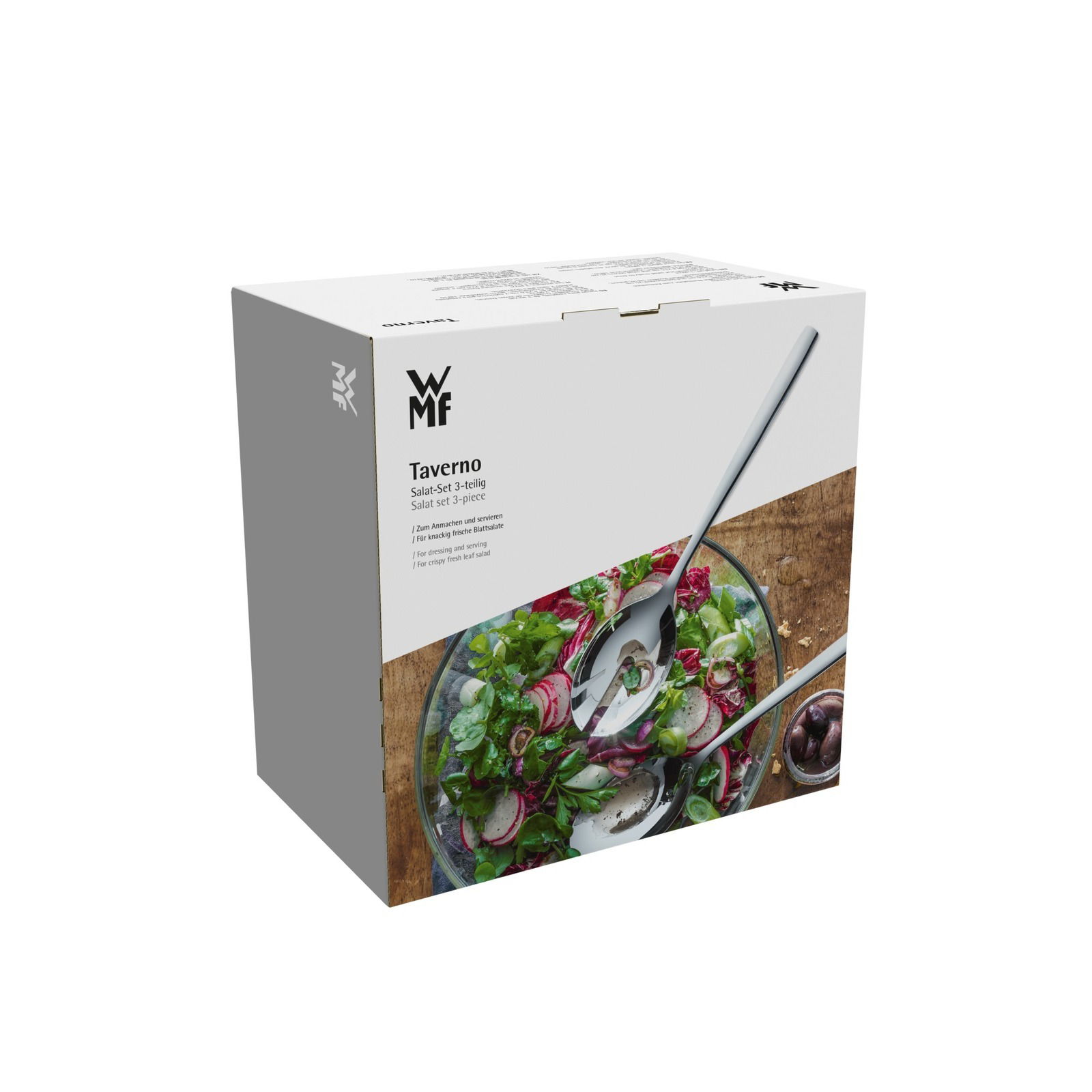 Verpackung des 3-teiligen Salat-Sets Taverno von WMF, schräg von vorne fotografiert, mit Abbildung eines Salats und Salatbestecks.