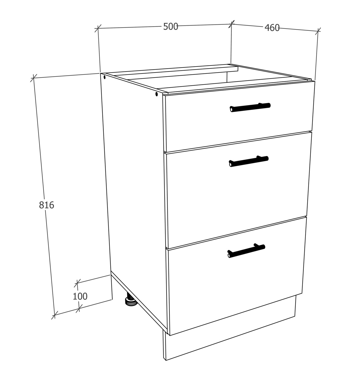 Technische Zeichnung eines Unterschranks mit drei Schubladen und Griffen, Maße ca. 500 mm Breite, 460 mm Tiefe und 816 mm Höhe, perspektivische Ansicht schräg von vorne rechts.