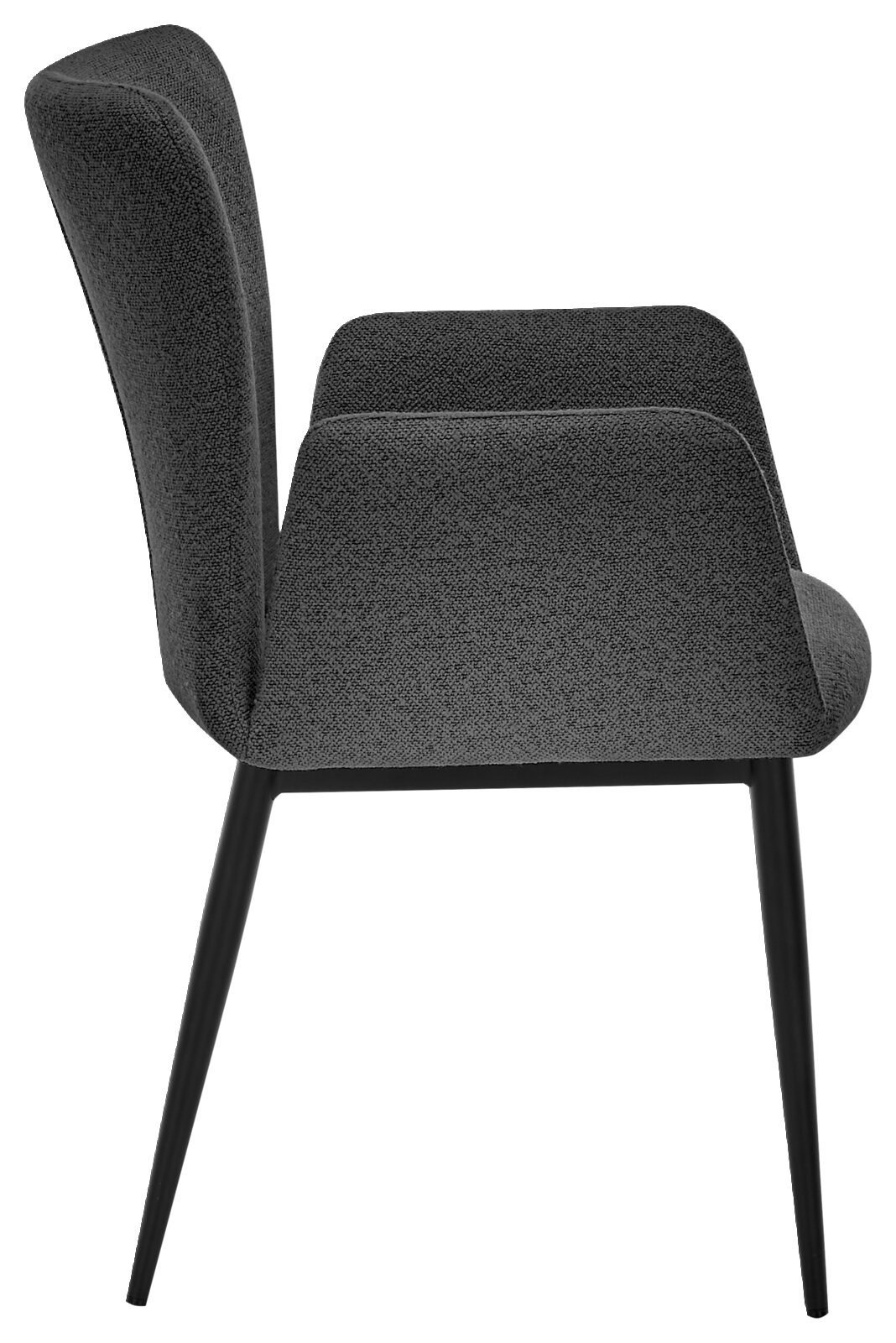 Zijaanzicht van een grijze fauteuil met slanke zwarte poten