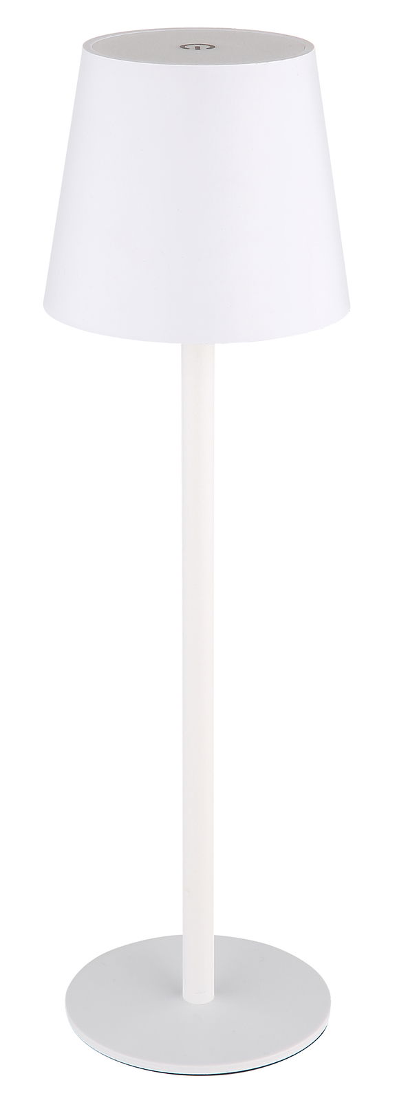 Weiße Akku-Tischleuchte VANNIE, frontal abgebildet mit rundem Sockel und konischem Lampenschirm.