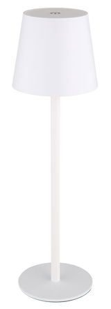 Weiße Akku-Tischleuchte VANNIE, frontal abgebildet mit rundem Sockel und konischem Lampenschirm.