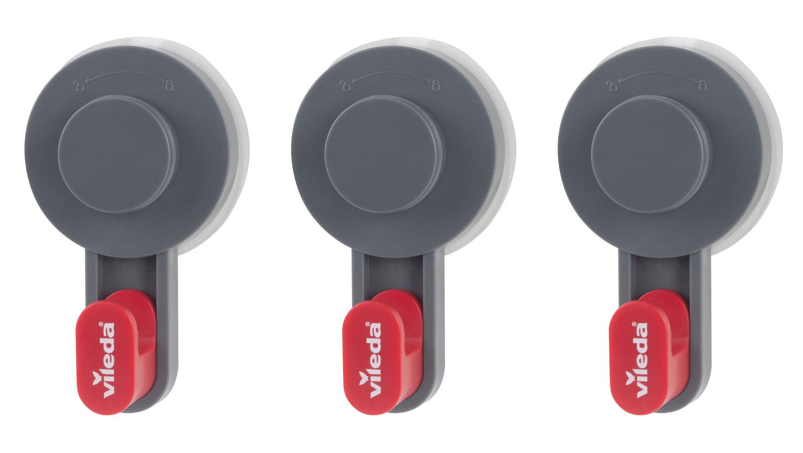 Drei graue Klebehaken mit rotem Hebel, frontal abgebildet.
