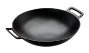 Zwarte Vario-wok van 36 cm van gietijzer met twee handgrepen, bovenaanzicht