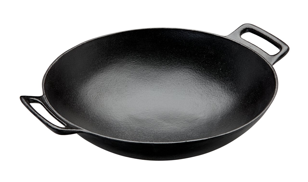 Zwarte Vario-wok van 36 cm van gietijzer met twee handgrepen, bovenaanzicht