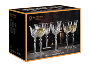 Sechs elegante Weißweinkelche aus Kristallglas in einer stilvollen Verpackung, seitliche Perspektive.