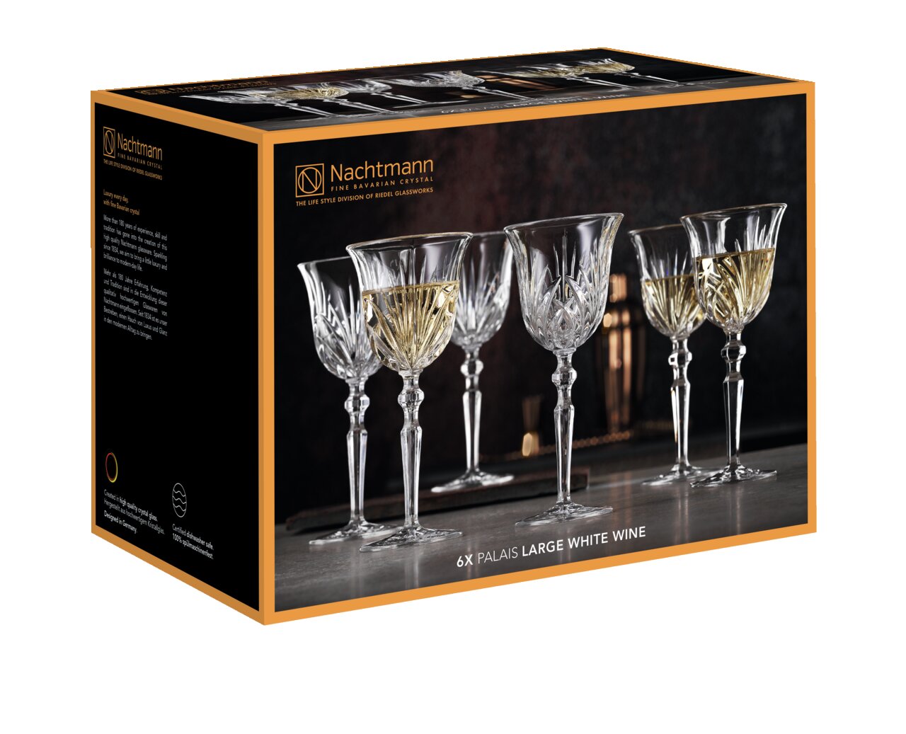 Sechs elegante Weißweinkelche aus Kristallglas in einer stilvollen Verpackung, seitliche Perspektive.