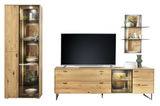 Moderne Wandkombination aus Holz mit Vitrine, TV-Schrank und Wandregal, frontal betrachtet.
