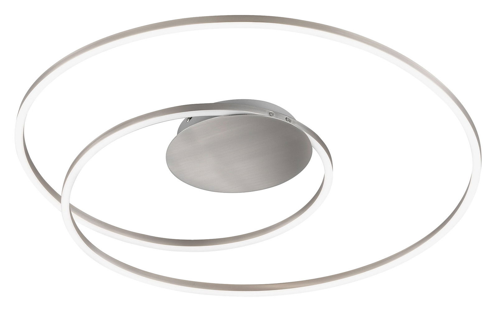 Moderne Deckenleuchte Holy mit zwei ineinander verschlungenen LED-Ringen, seitliche Perspektive