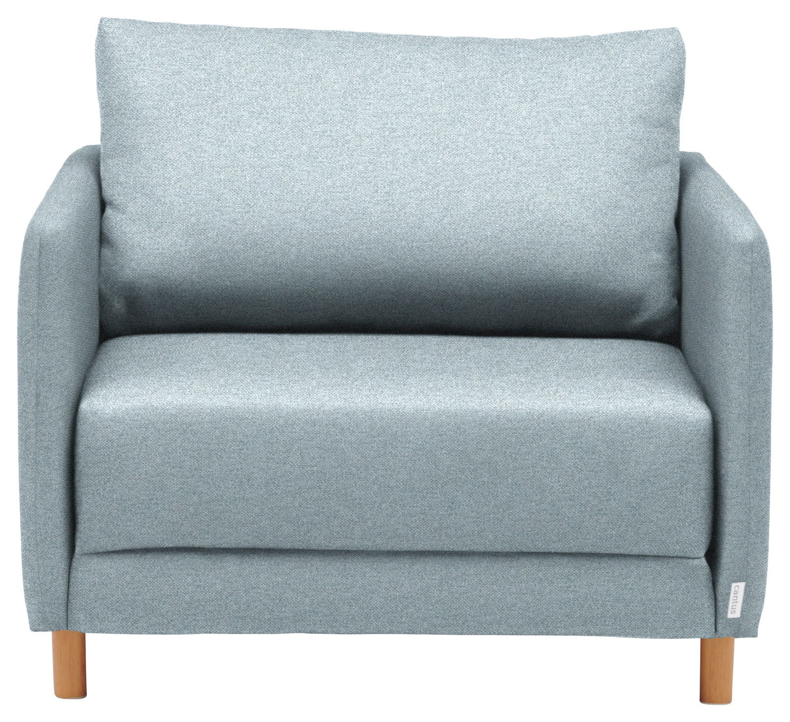 Frontale Ansicht eines hellblauen Funktionssessels mit Holzbeinen.