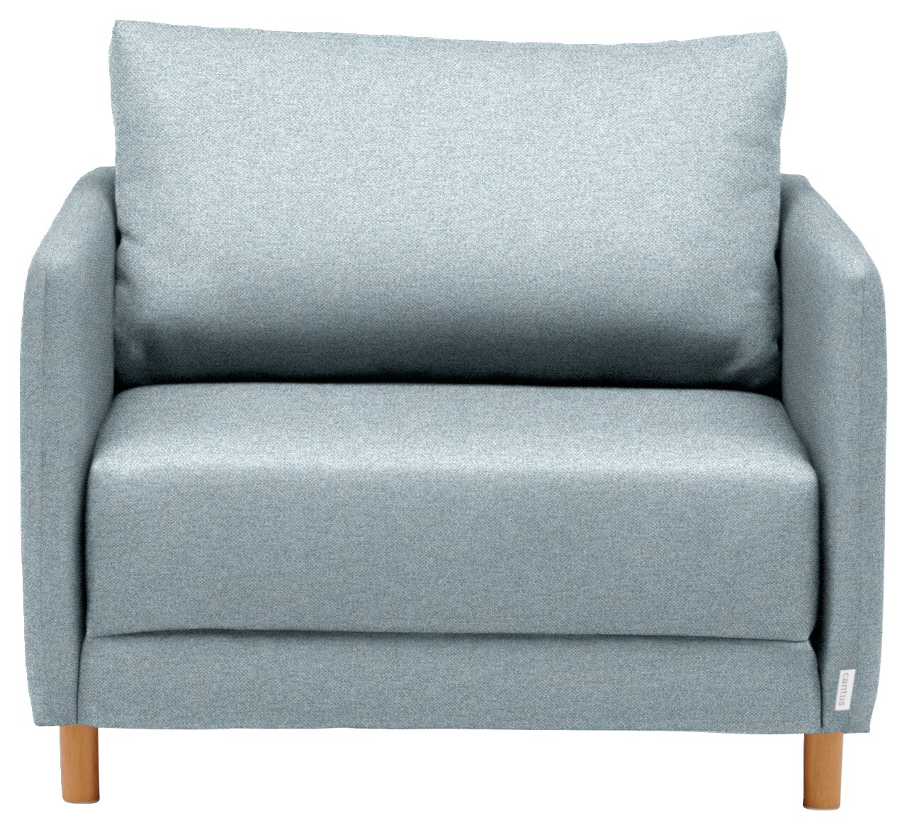 Frontale Ansicht eines hellblauen Funktionssessels mit Holzbeinen.