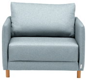 Frontale Ansicht eines hellblauen Funktionssessels mit Holzbeinen.