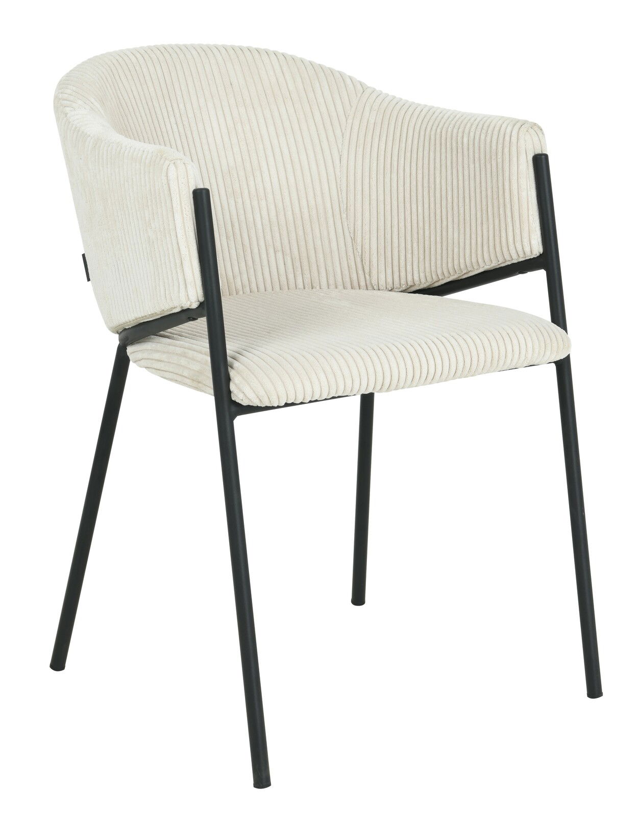 Z2 Armlehnstuhl KRONOS Moderner Armlehnstuhl mit cremefarbenem, geripptem Stoffbezug und schwarzem Metallgestell, seitliche Perspektive