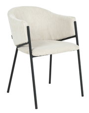 Moderne fauteuil met crèmekleurige, geribbelde stoffen bekleding en een zwart metalen frame, zijaanzicht