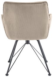 Rückansicht eines Armlehnstuhls mit beigem, geripptem Stoffbezug und schwarzen Metallbeinen.