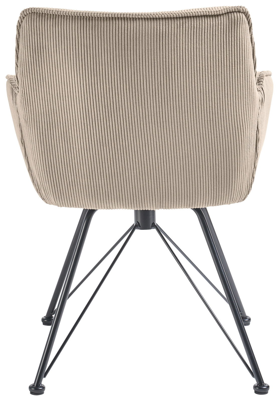 Rückansicht eines Armlehnstuhls mit beigem, geripptem Stoffbezug und schwarzen Metallbeinen.