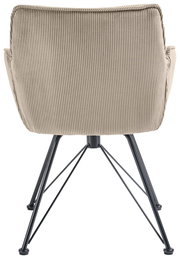 Rückansicht eines Armlehnstuhls mit beigem, geripptem Stoffbezug und schwarzen Metallbeinen.