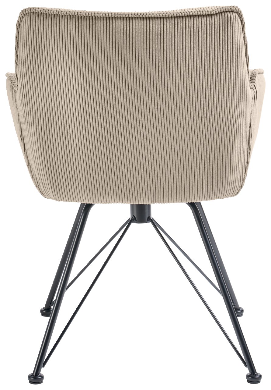 Rückansicht eines Armlehnstuhls mit beigem, geripptem Stoffbezug und schwarzen Metallbeinen.