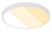 Ronde, platte LED-plafondlamp met witte rand en warmwit licht, weergegeven in bovenaanzicht