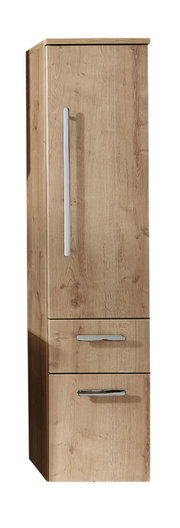 Mittelschrank aus Holz mit zwei Schubladen und einer Tür, frontal abgebildet.