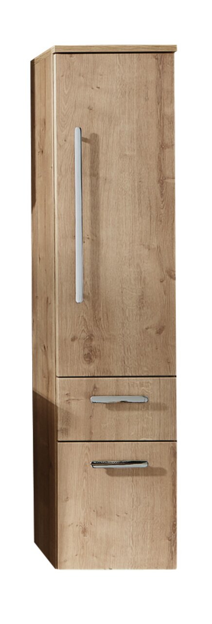 Mittelschrank aus Holz mit zwei Schubladen und einer Tür, frontal abgebildet.