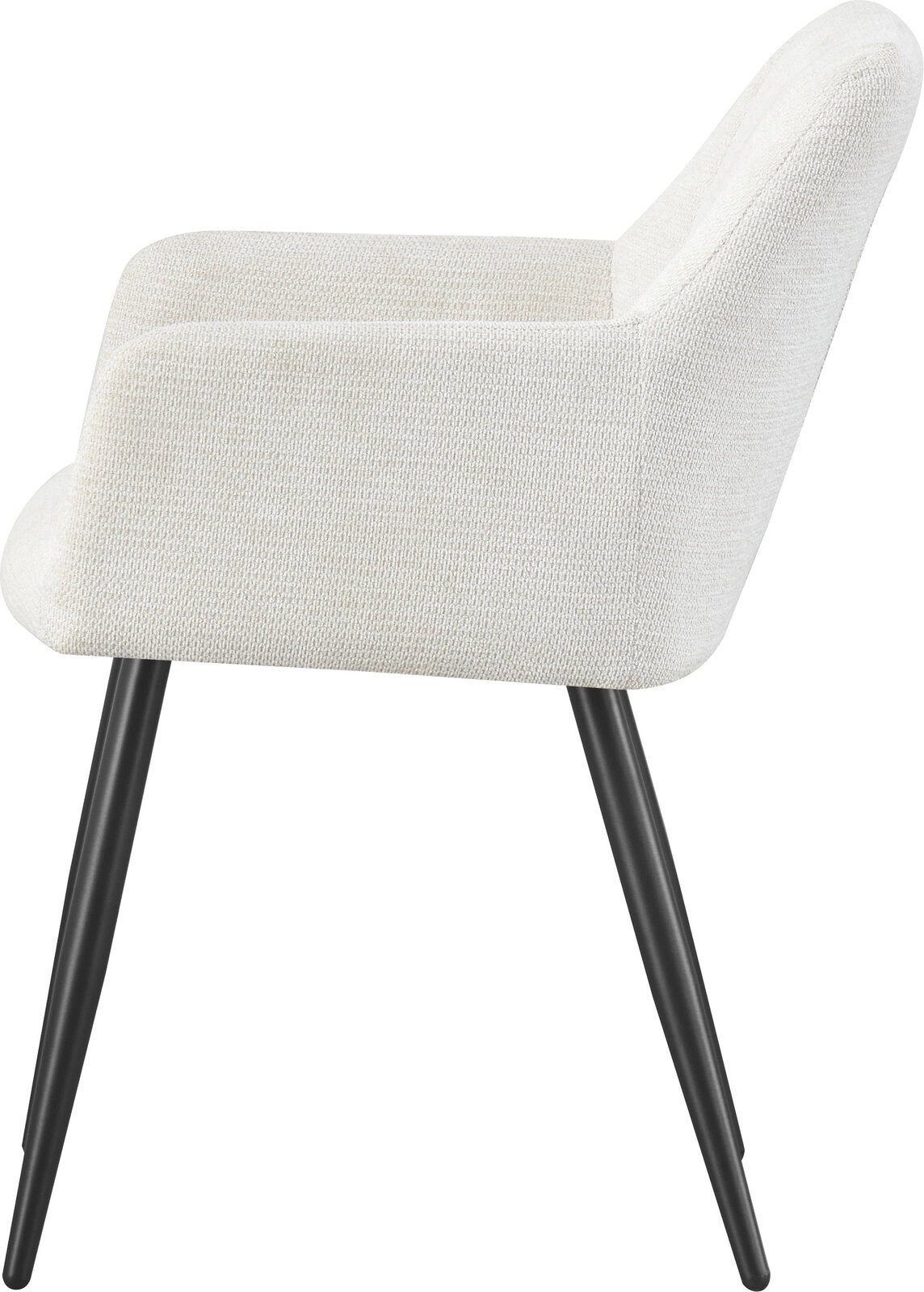 Cremeweißer, gepolsterter Polsterstuhl mit Armlehnen und schwarzen Metallbeinen, Seitenansicht von rechts auf weißem Hintergrund