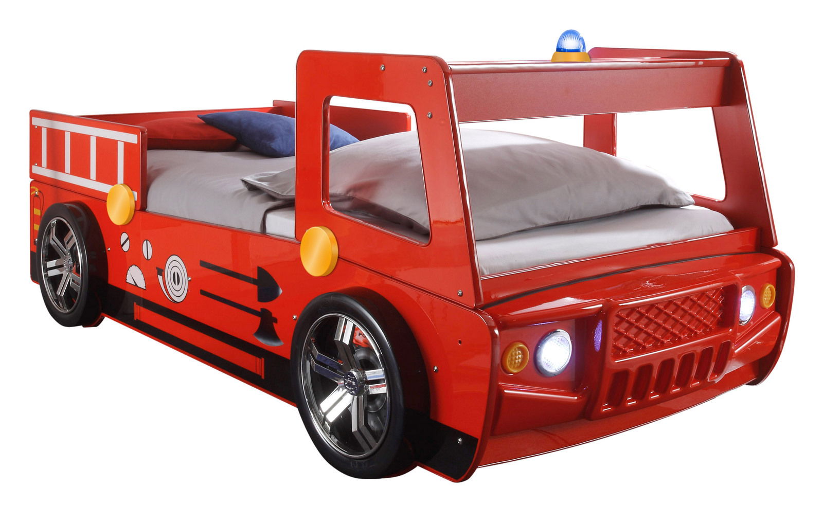 Feuerwehr-Bett in Form eines roten Feuerwehrautos, seitliche Perspektive