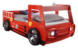 Feuerwehr-Bett in Form eines roten Feuerwehrautos, seitliche Perspektive